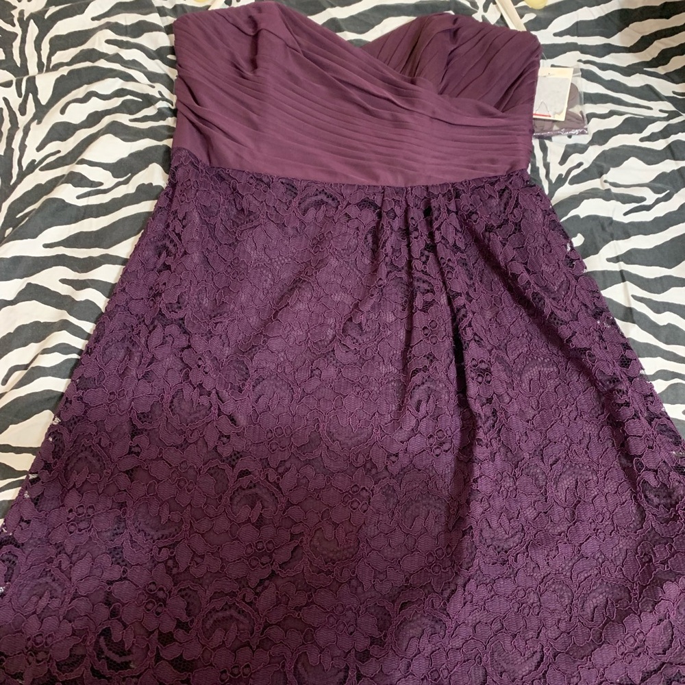 David's Bridal Strapless Lace Dress in Plum